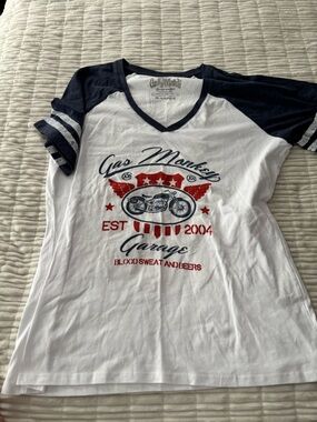 Gas Monkey Garage White and Navy Raglan Tee with Red Graphic